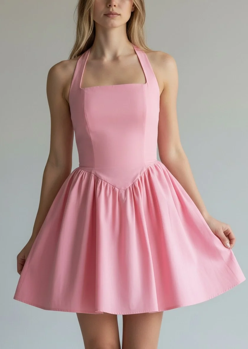 Halter Yaka Prenses Elbise - PEMBE