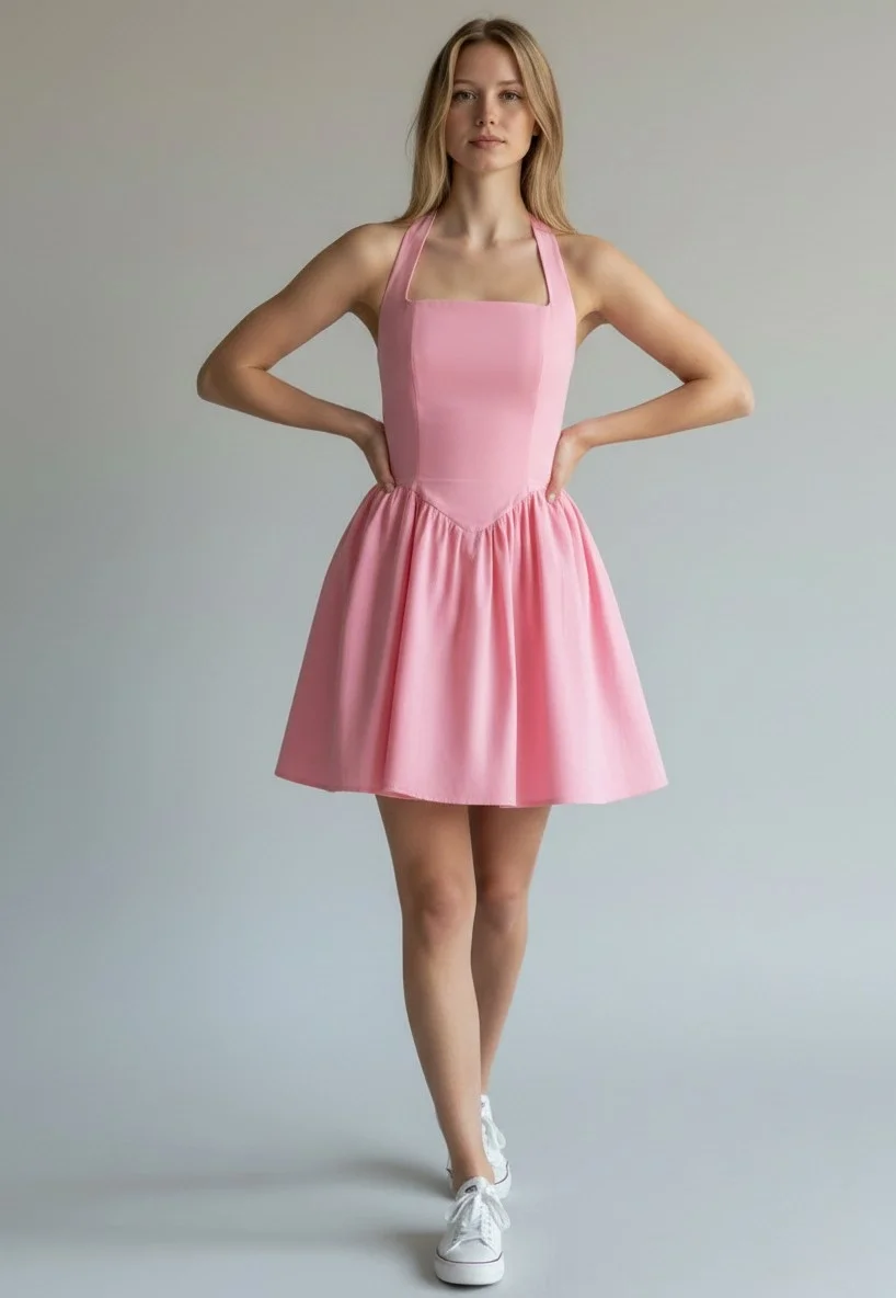 Halter Yaka Prenses Elbise - PEMBE