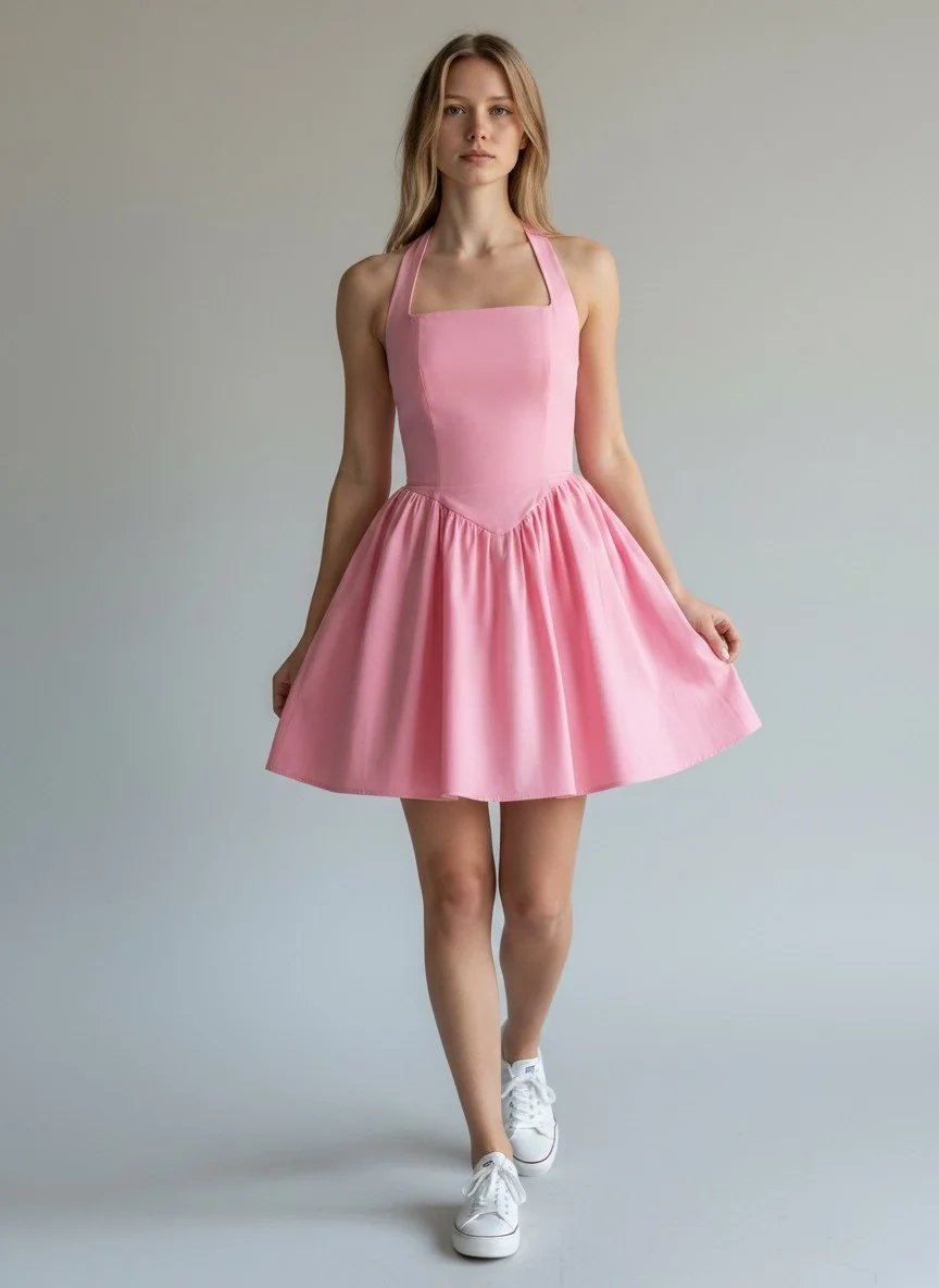 Halter Yaka Prenses Elbise - PEMBE