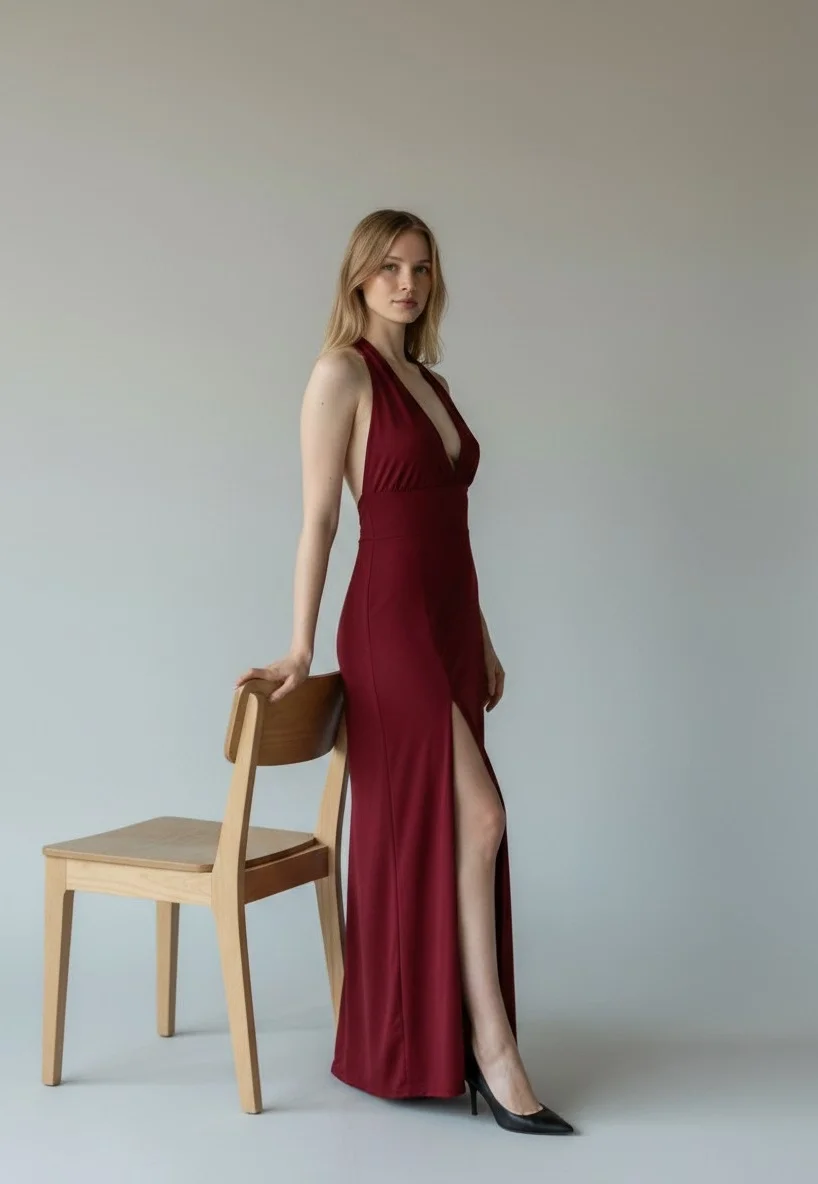 Halter Yaka Sırt Bağlamalı Yırtmaçlı Maxi Elbise - BORDO