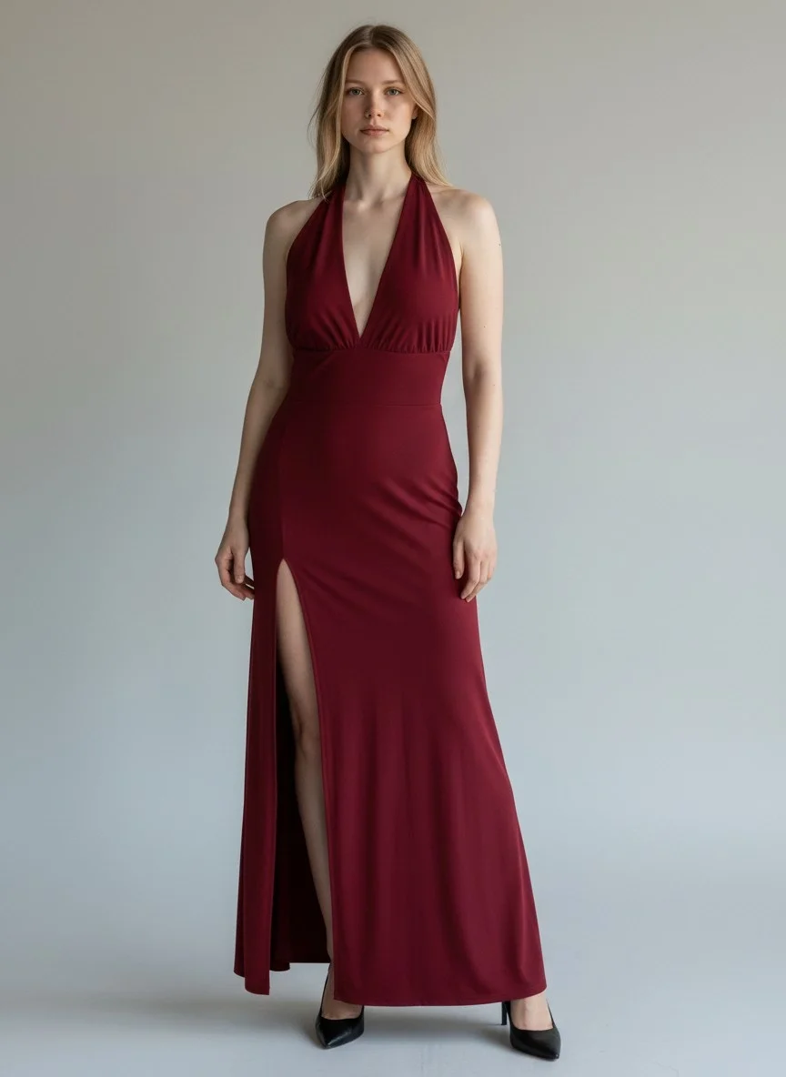 Halter Yaka Sırt Bağlamalı Yırtmaçlı Maxi Elbise - BORDO