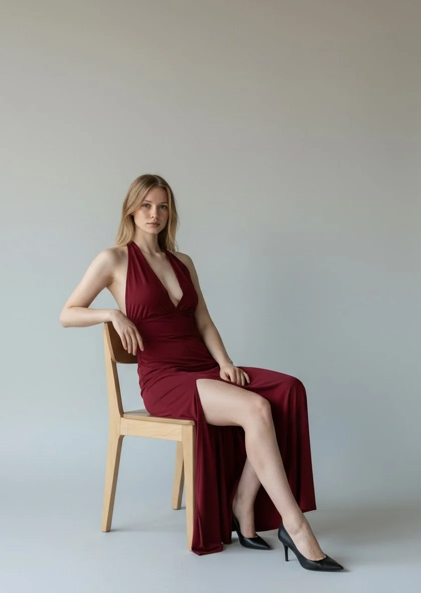Halter Yaka Sırt Bağlamalı Yırtmaçlı Maxi Elbise - BORDO
