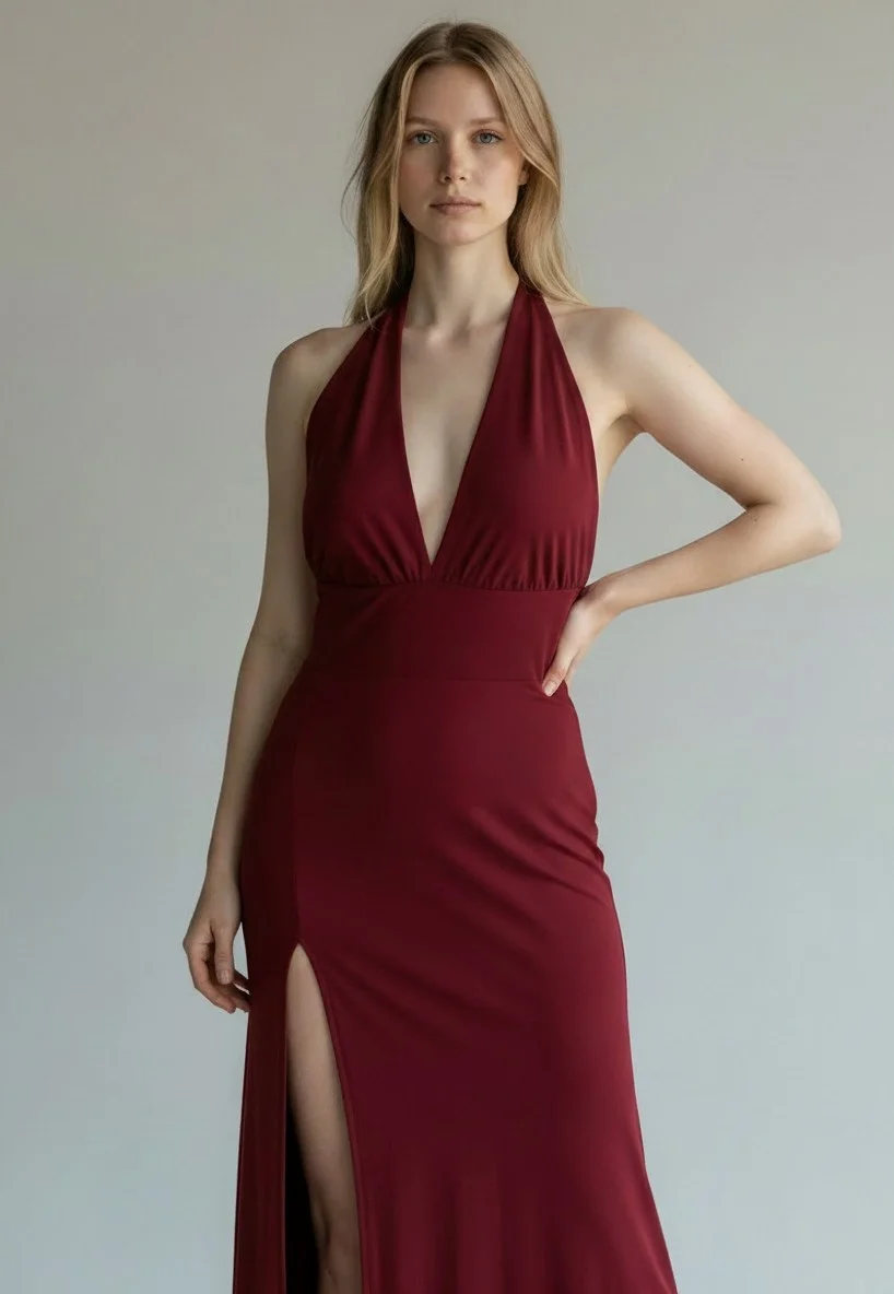 Halter Yaka Sırt Bağlamalı Yırtmaçlı Maxi Elbise - BORDO
