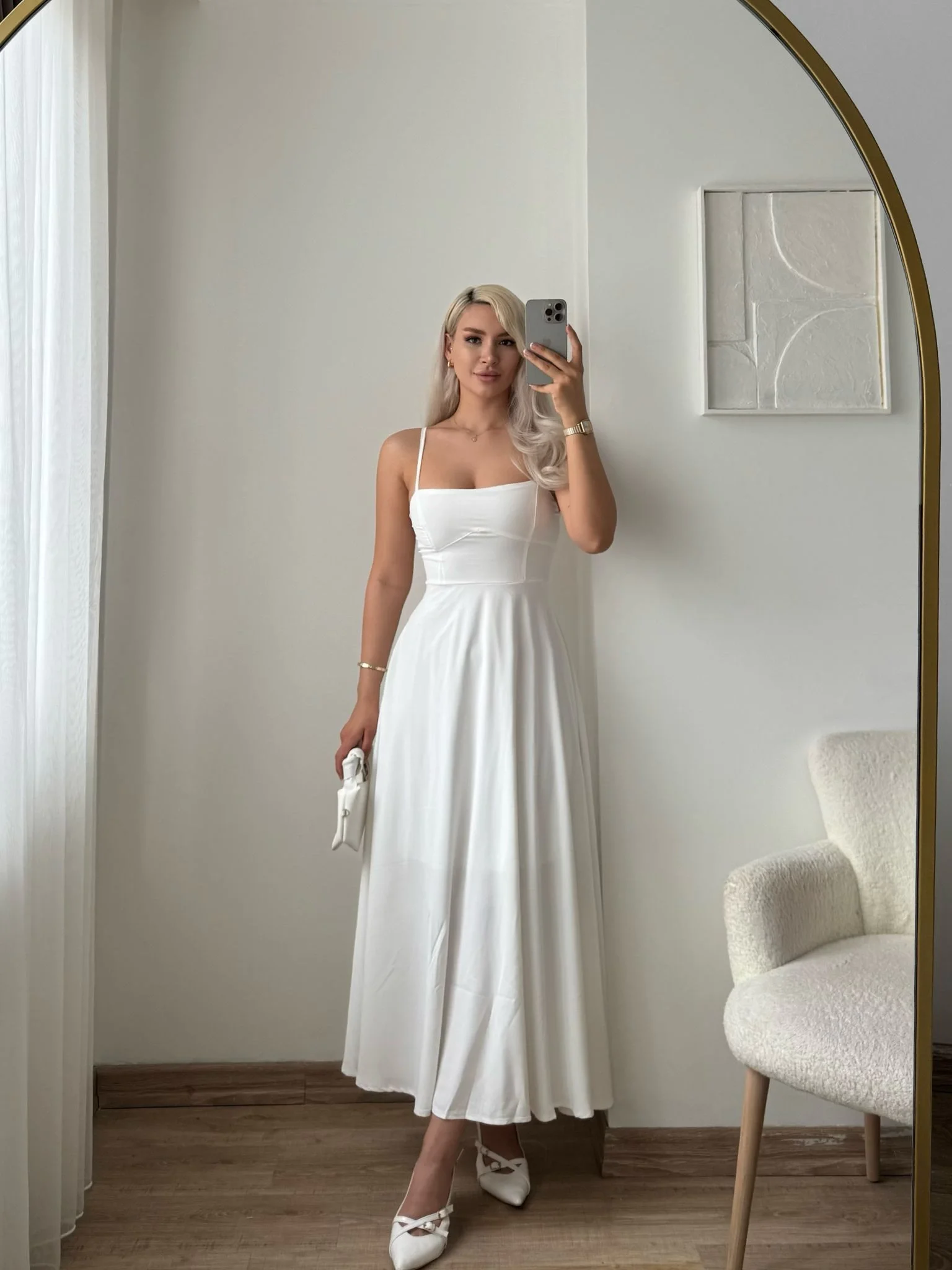 İp Askılı Volanlı Prenses Elbise - BEYAZ