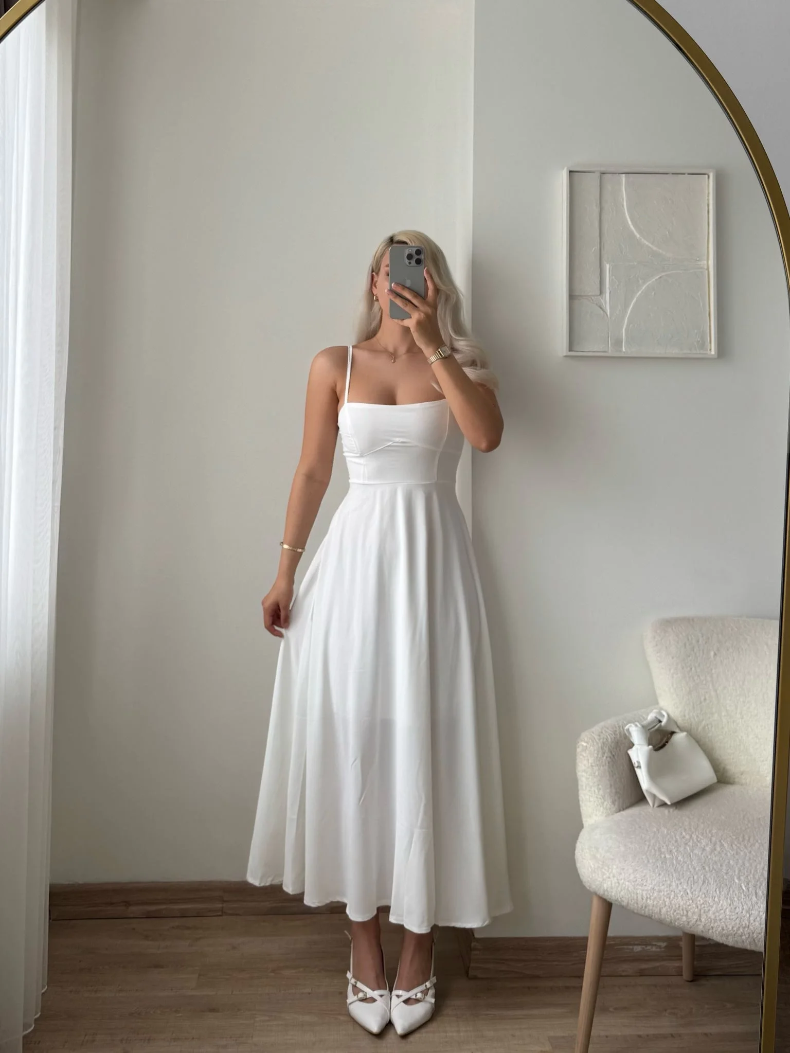 İp Askılı Volanlı Prenses Elbise - BEYAZ