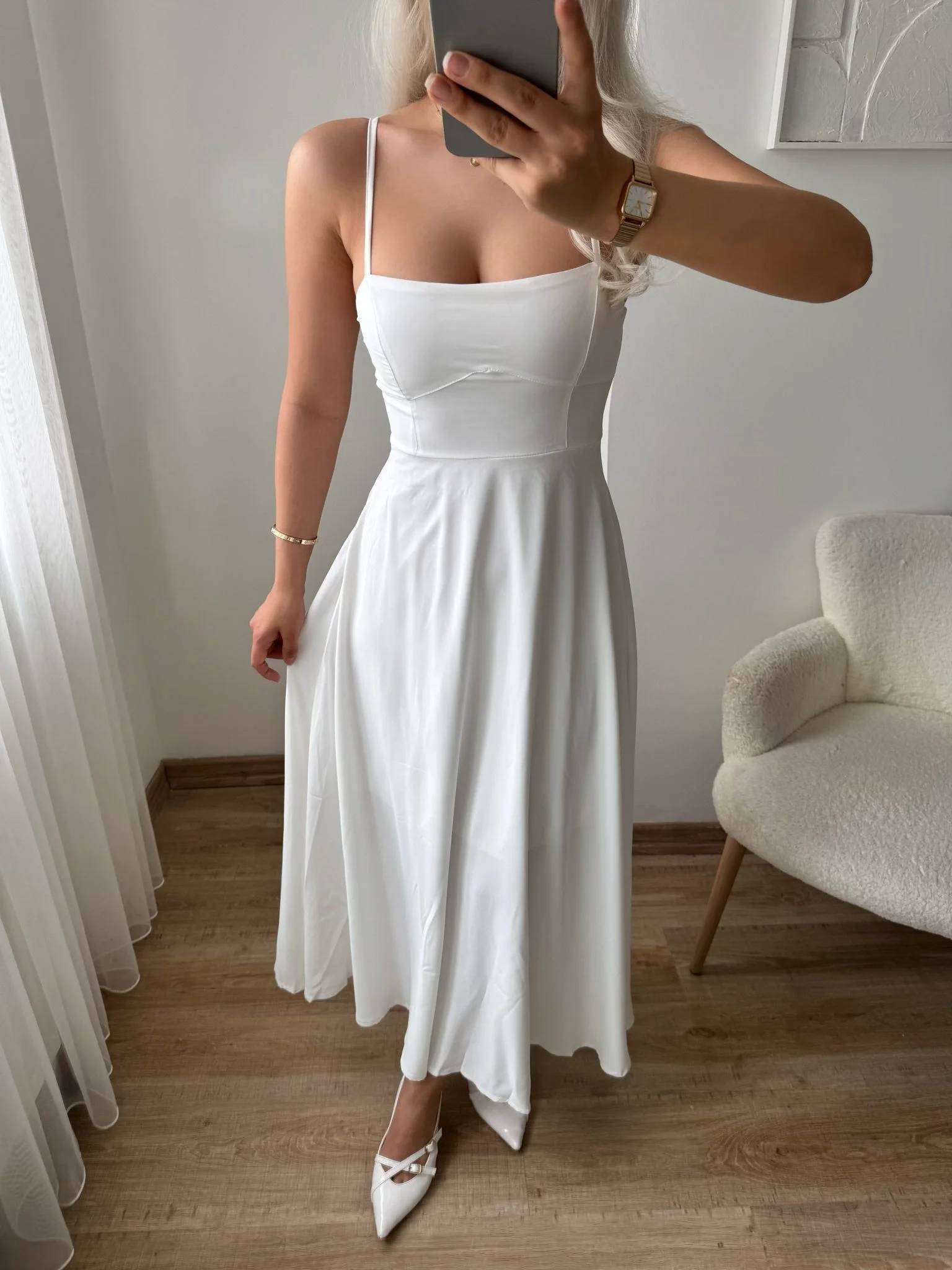 İp Askılı Volanlı Prenses Elbise - BEYAZ