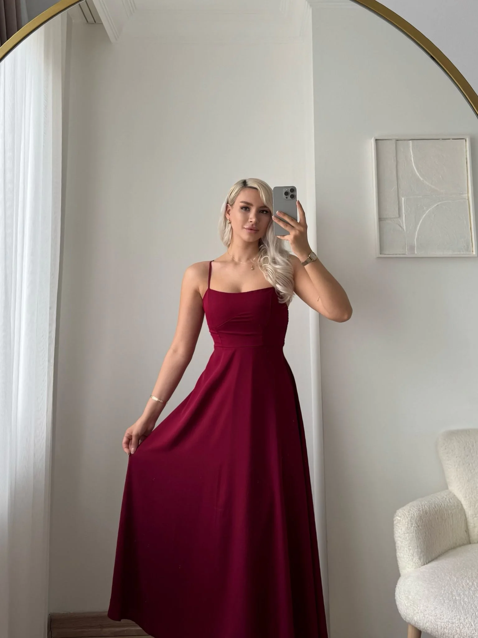 İp Askılı Volanlı Prenses Elbise - BORDO