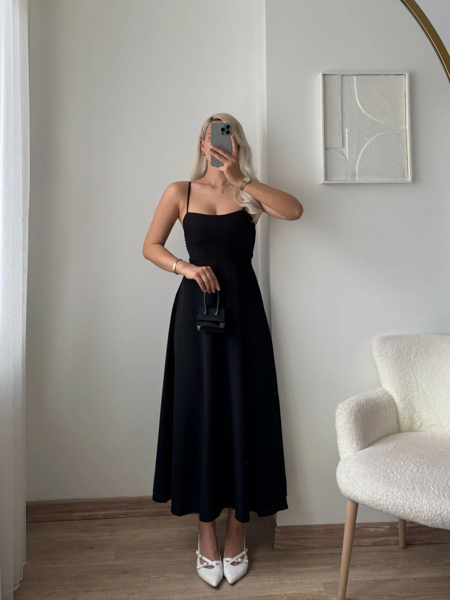 İp Askılı Volanlı Prenses Elbise - SİYAH