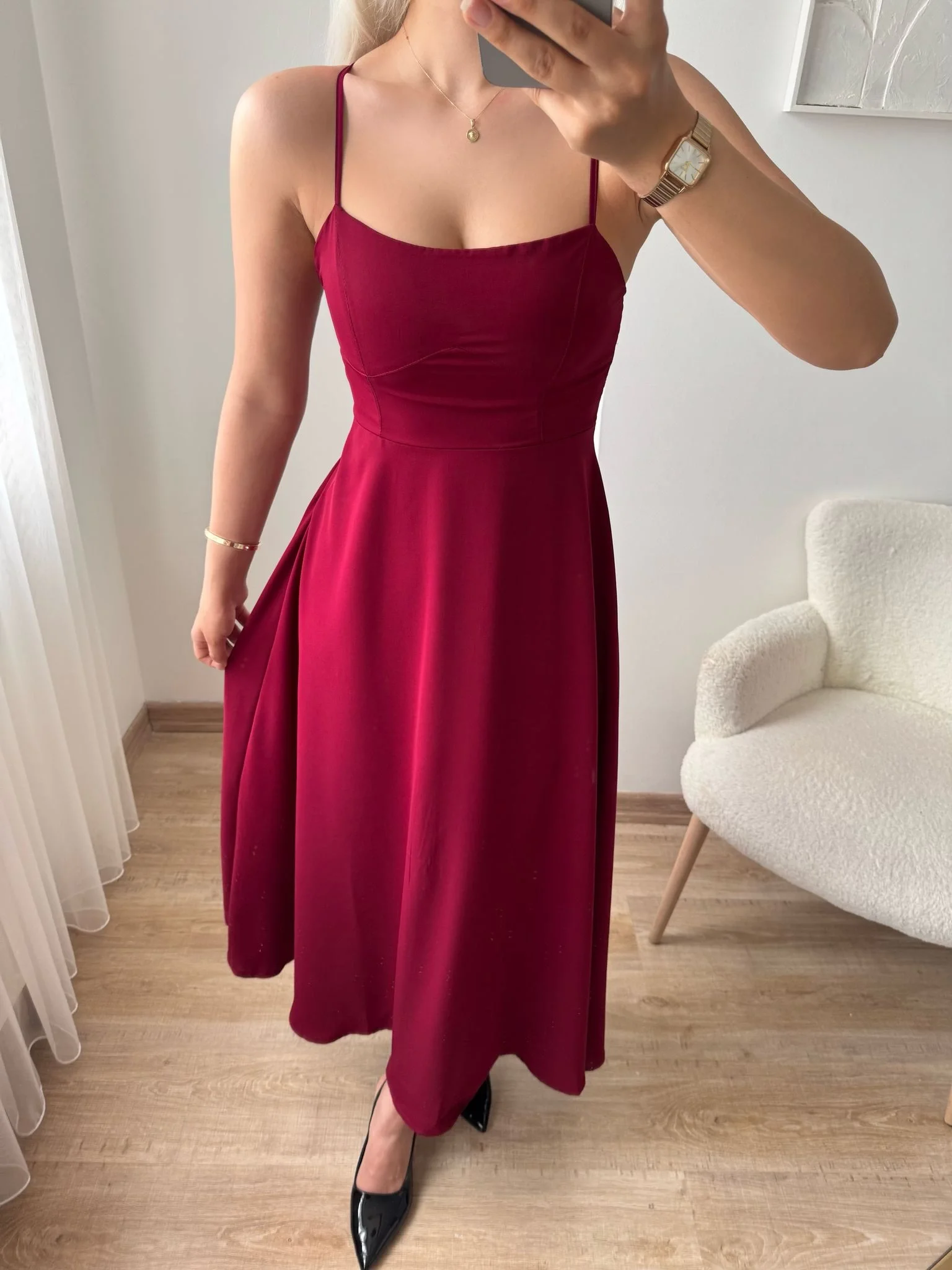 İp Askılı Volanlı Prenses Elbise - BORDO