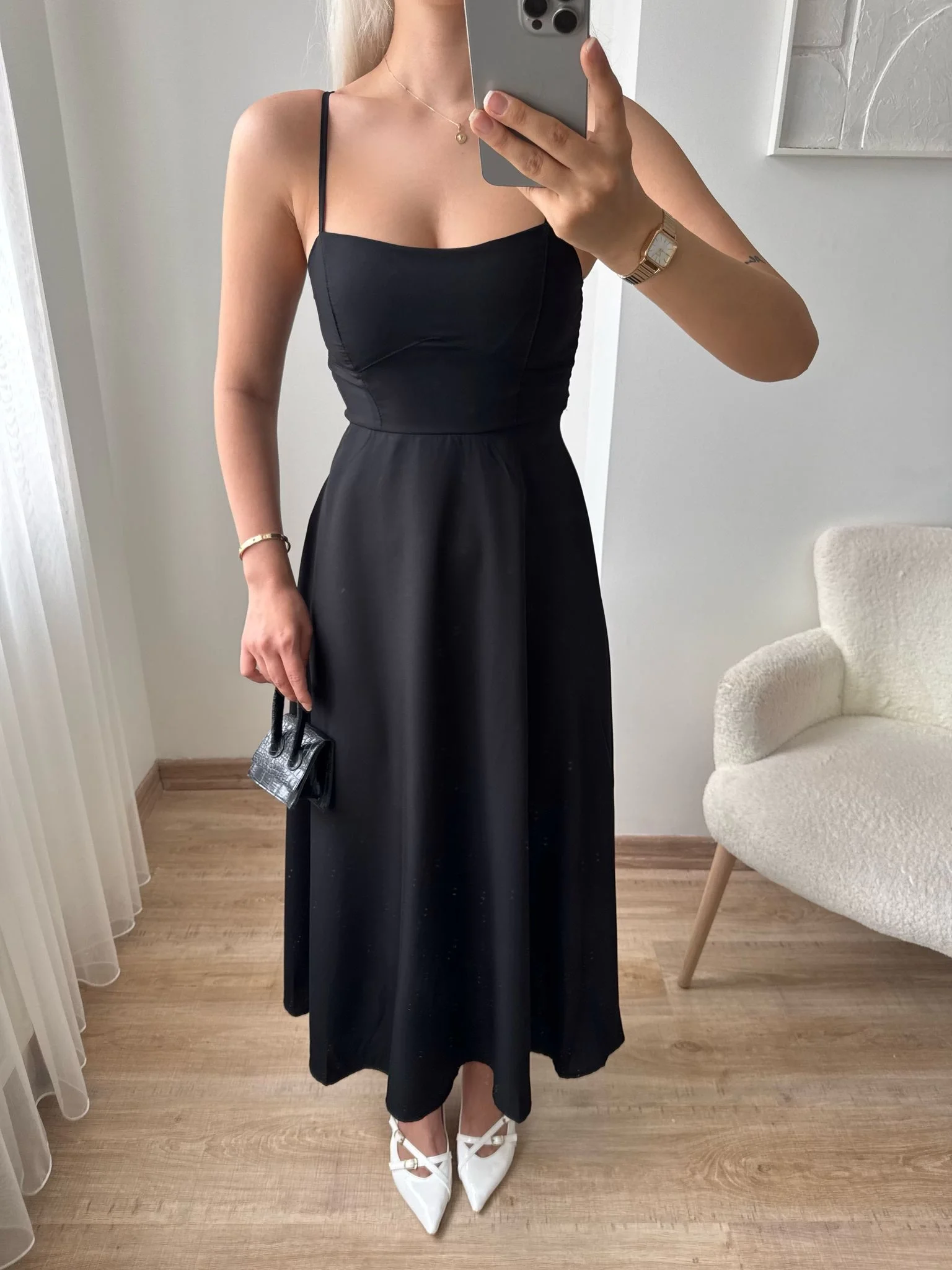 İp Askılı Volanlı Prenses Elbise - SİYAH