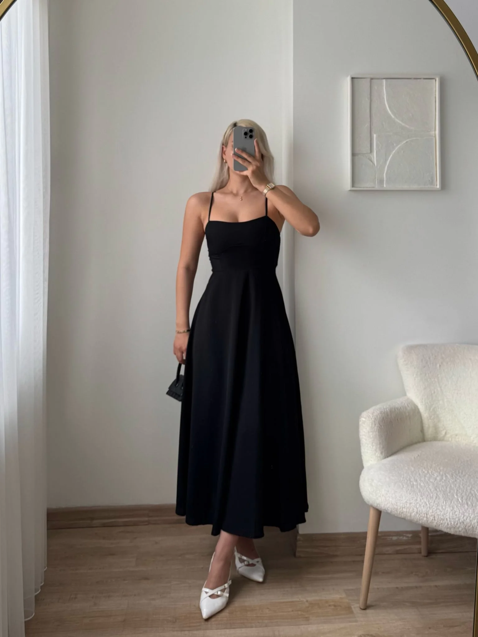 İp Askılı Volanlı Prenses Elbise - SİYAH