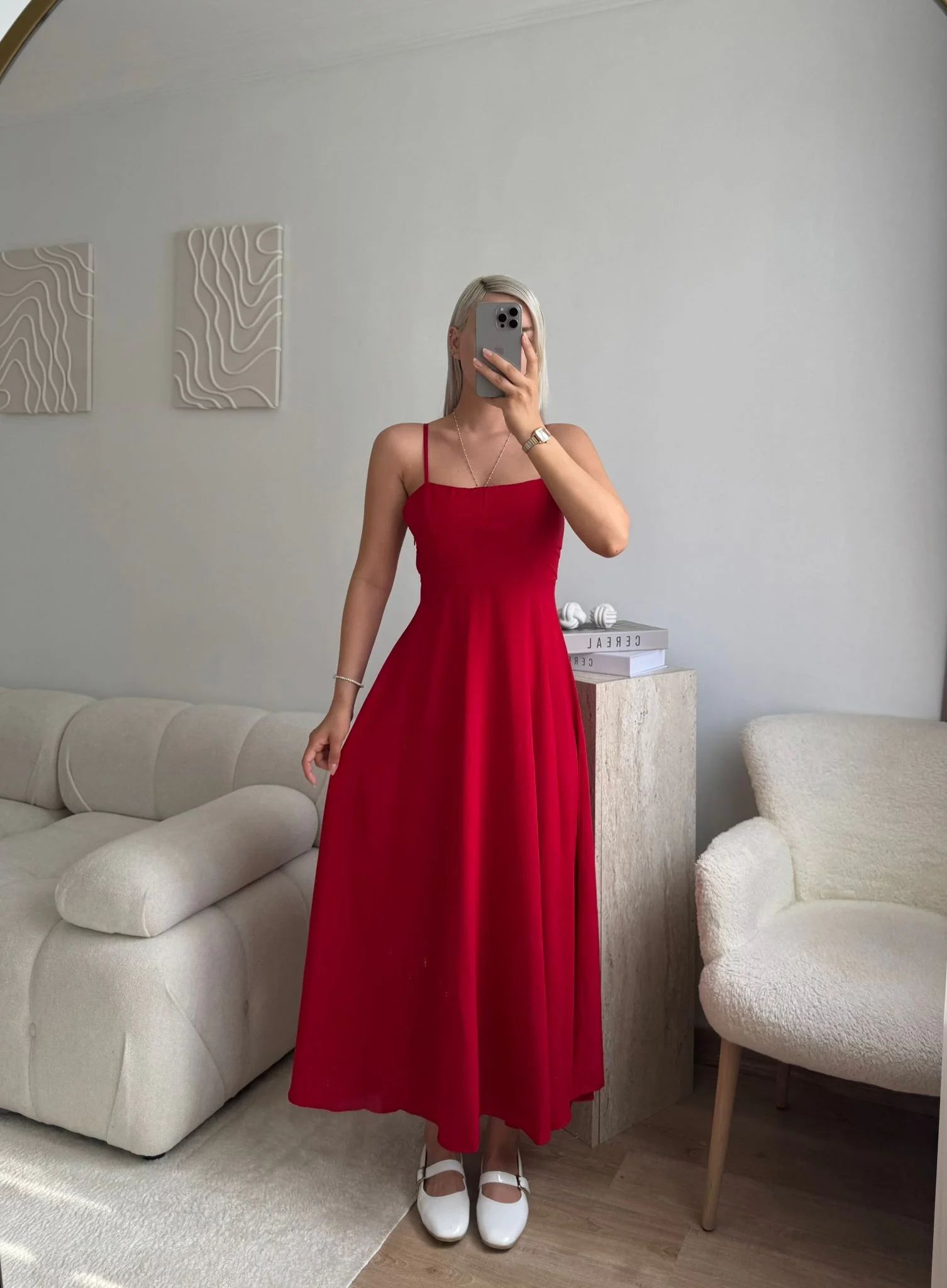 İp Askılı Volanlı Prenses Elbise - KIRMIZI