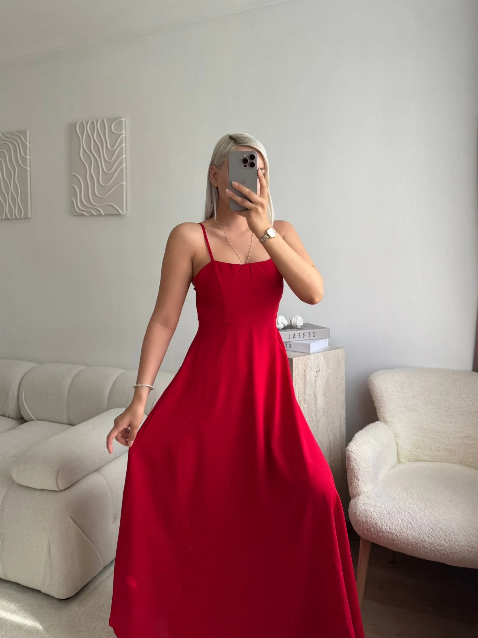 İp Askılı Volanlı Prenses Elbise - KIRMIZI