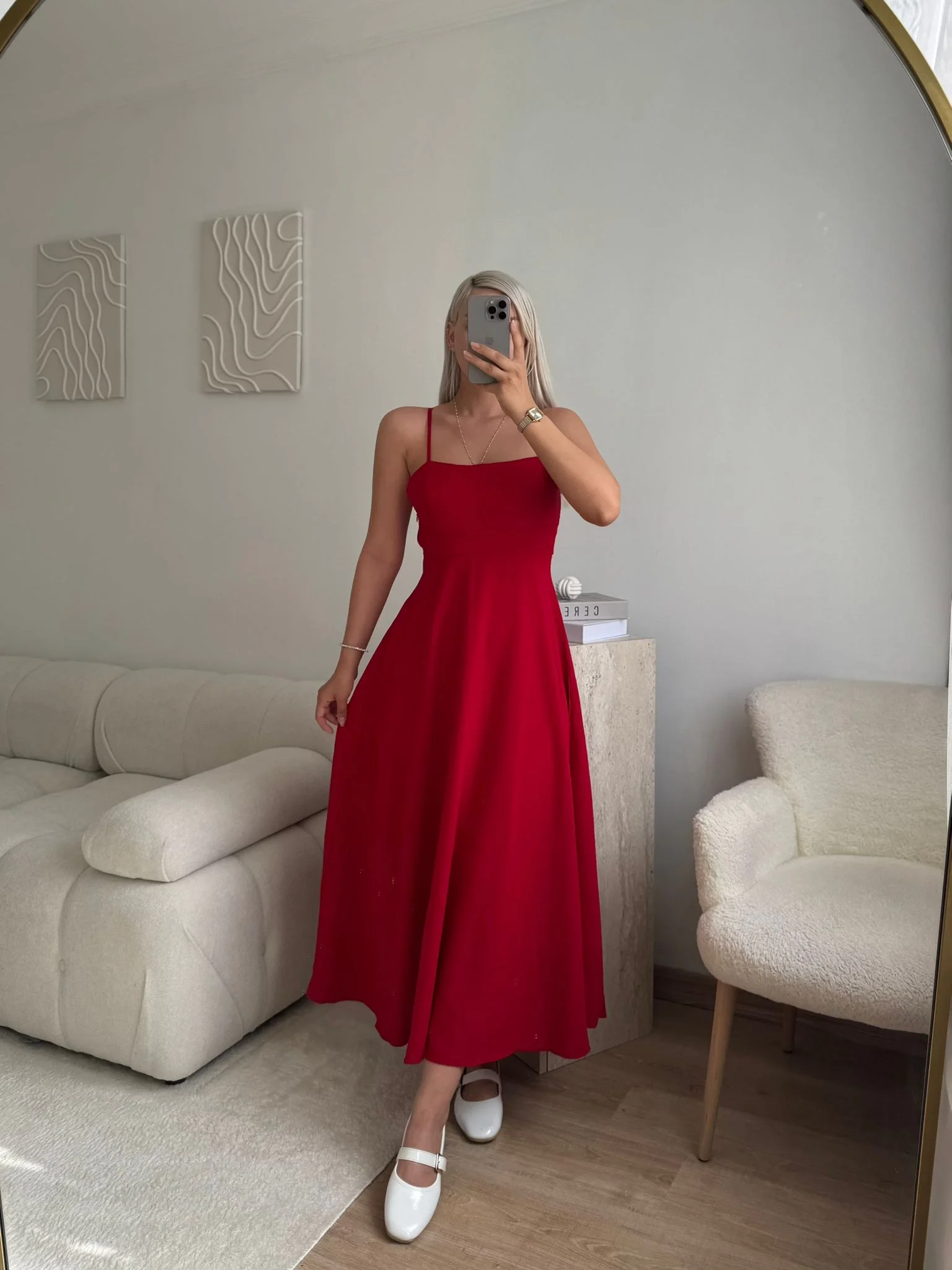 İp Askılı Volanlı Prenses Elbise - KIRMIZI