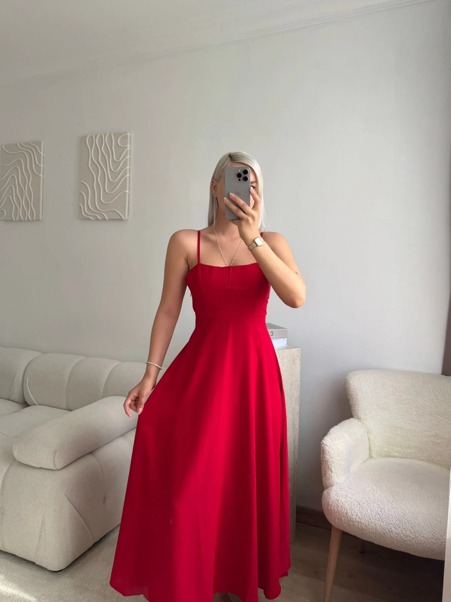 İp Askılı Volanlı Prenses Elbise - KIRMIZI