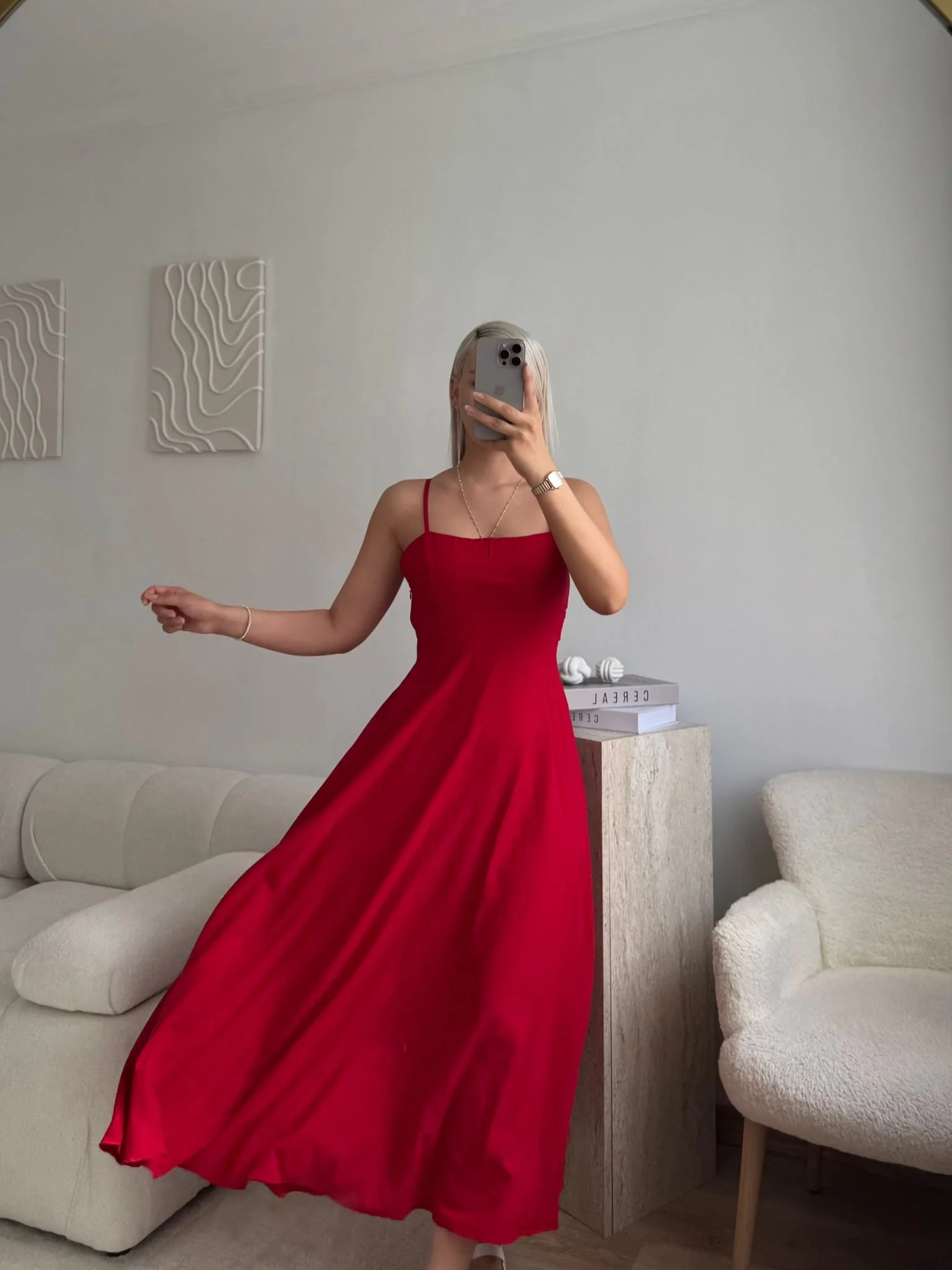 İp Askılı Volanlı Prenses Elbise - KIRMIZI