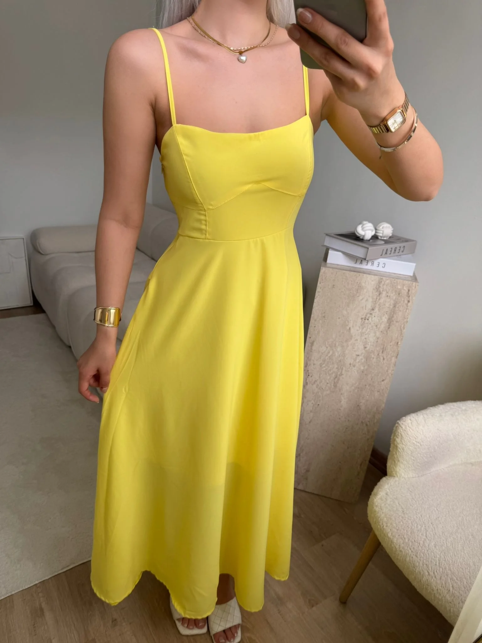 İp Askılı Volanlı Prenses Elbise - SARI