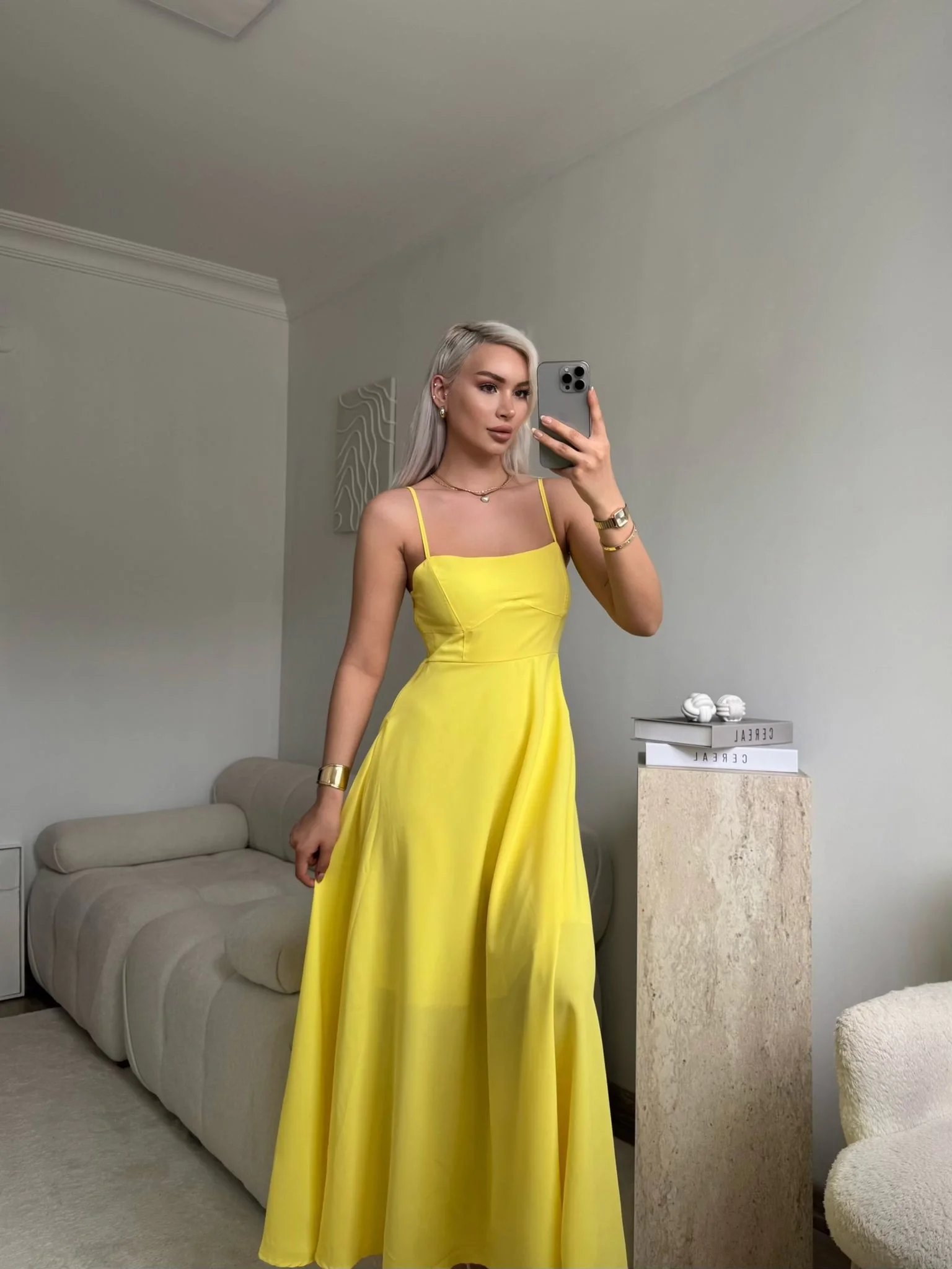 İp Askılı Volanlı Prenses Elbise - SARI