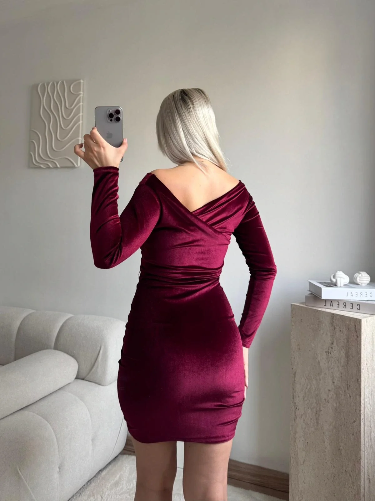 Kadife Madonna Elbise - BORDO