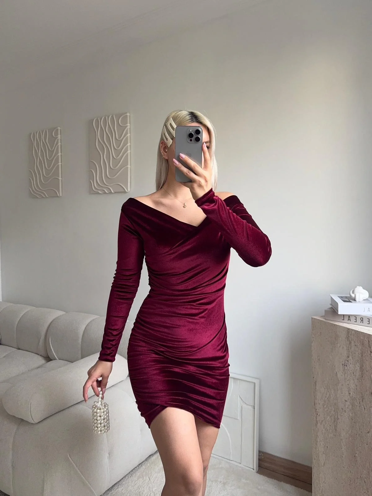 Kadife Madonna Elbise - BORDO