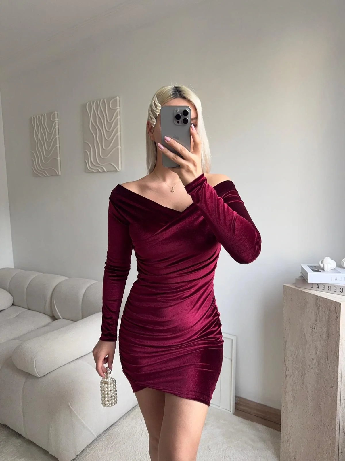 Kadife Madonna Elbise - BORDO