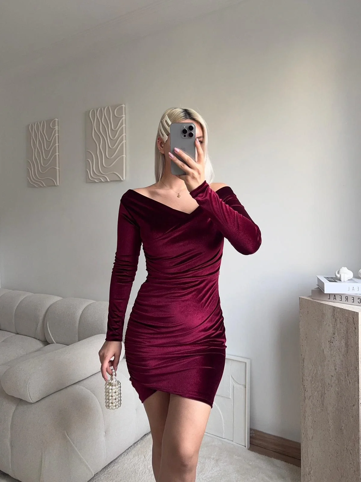 Kadife Madonna Elbise - BORDO