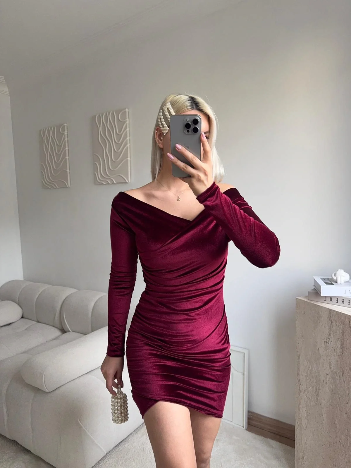 Kadife Madonna Elbise - BORDO