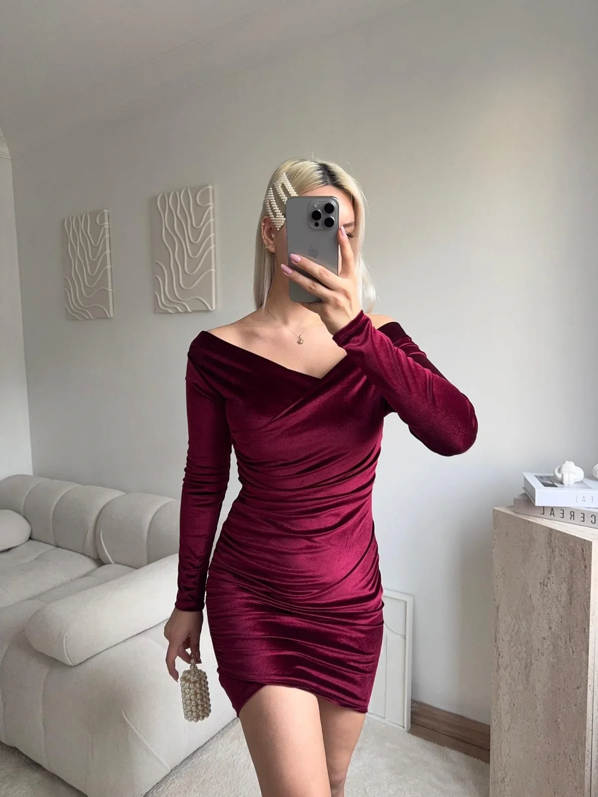 Kadife Madonna Elbise - BORDO