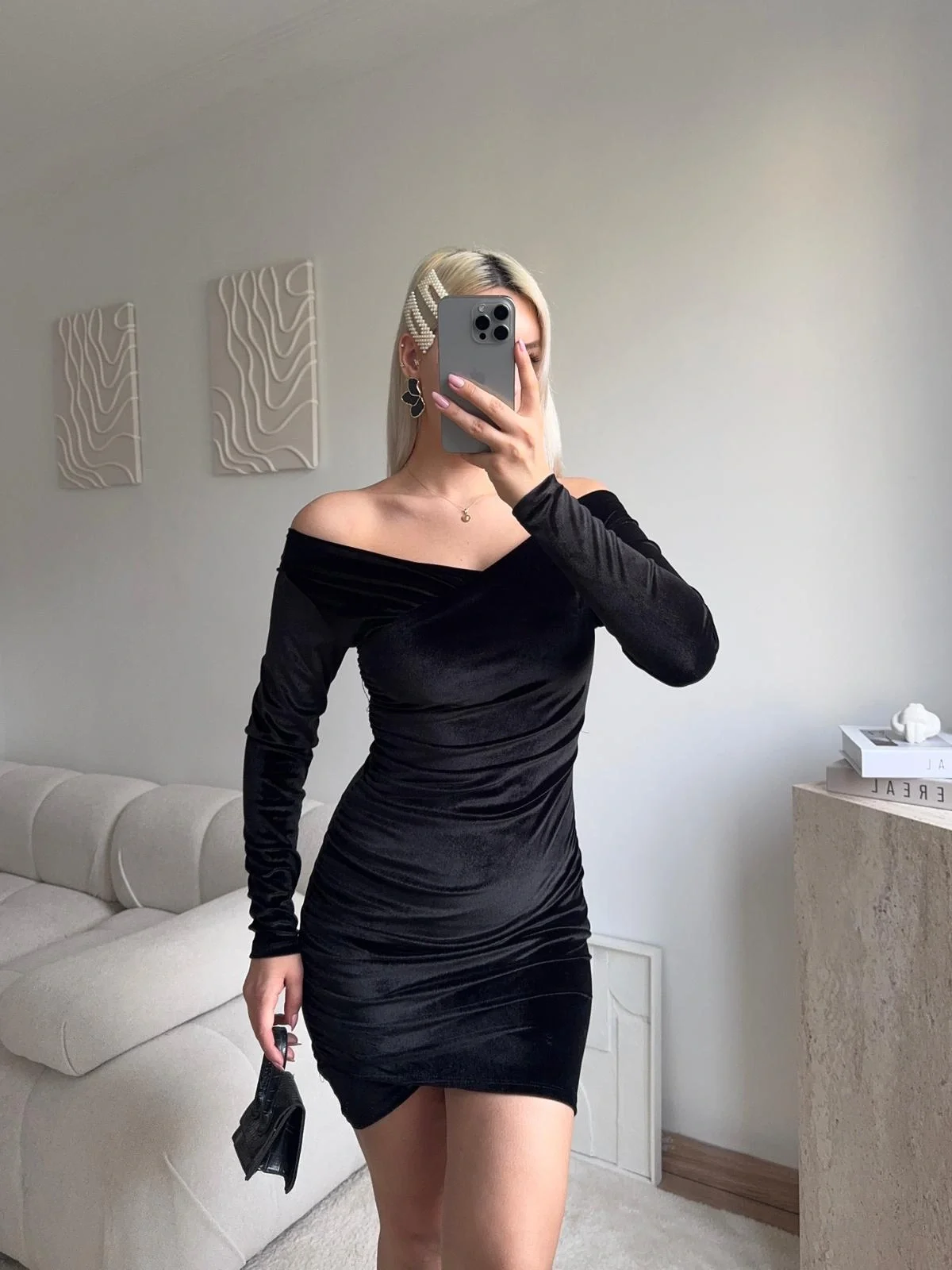 Kadife Madonna Elbise - SİYAH