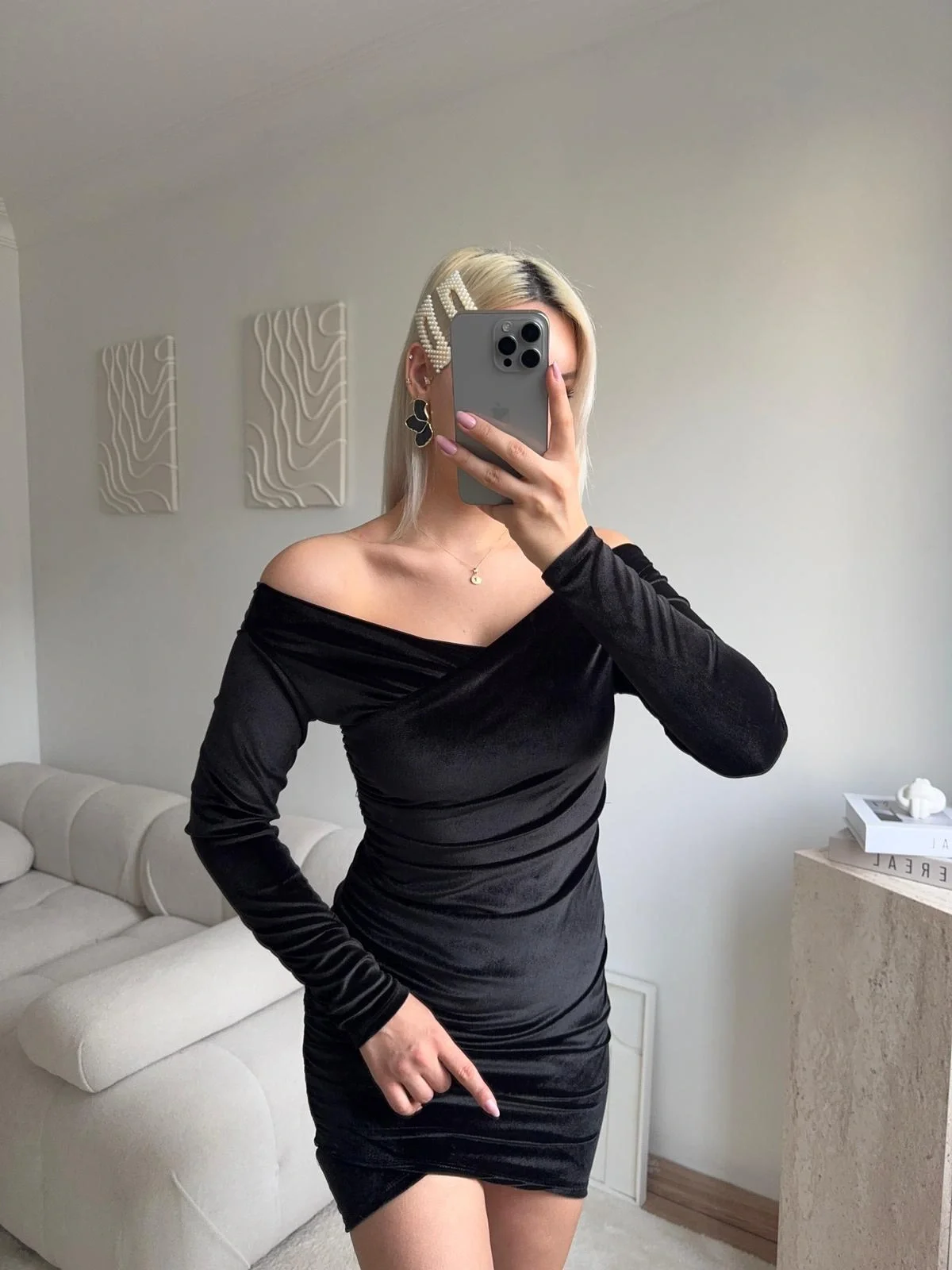 Kadife Madonna Elbise - SİYAH