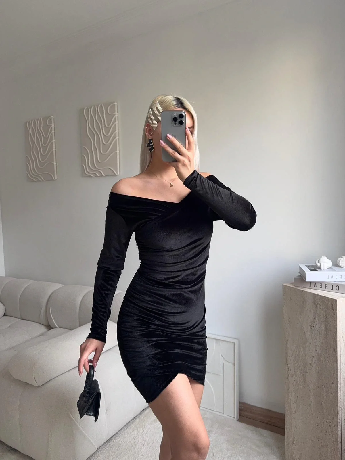 Kadife Madonna Elbise - SİYAH