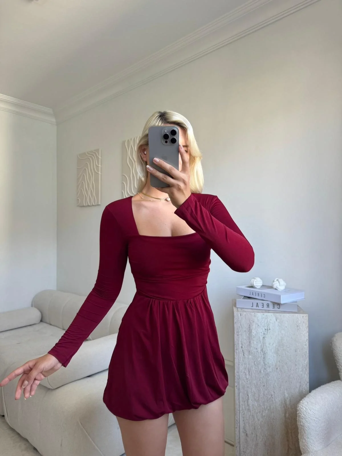 Kare Yaka Balon Etek Elbise - BORDO