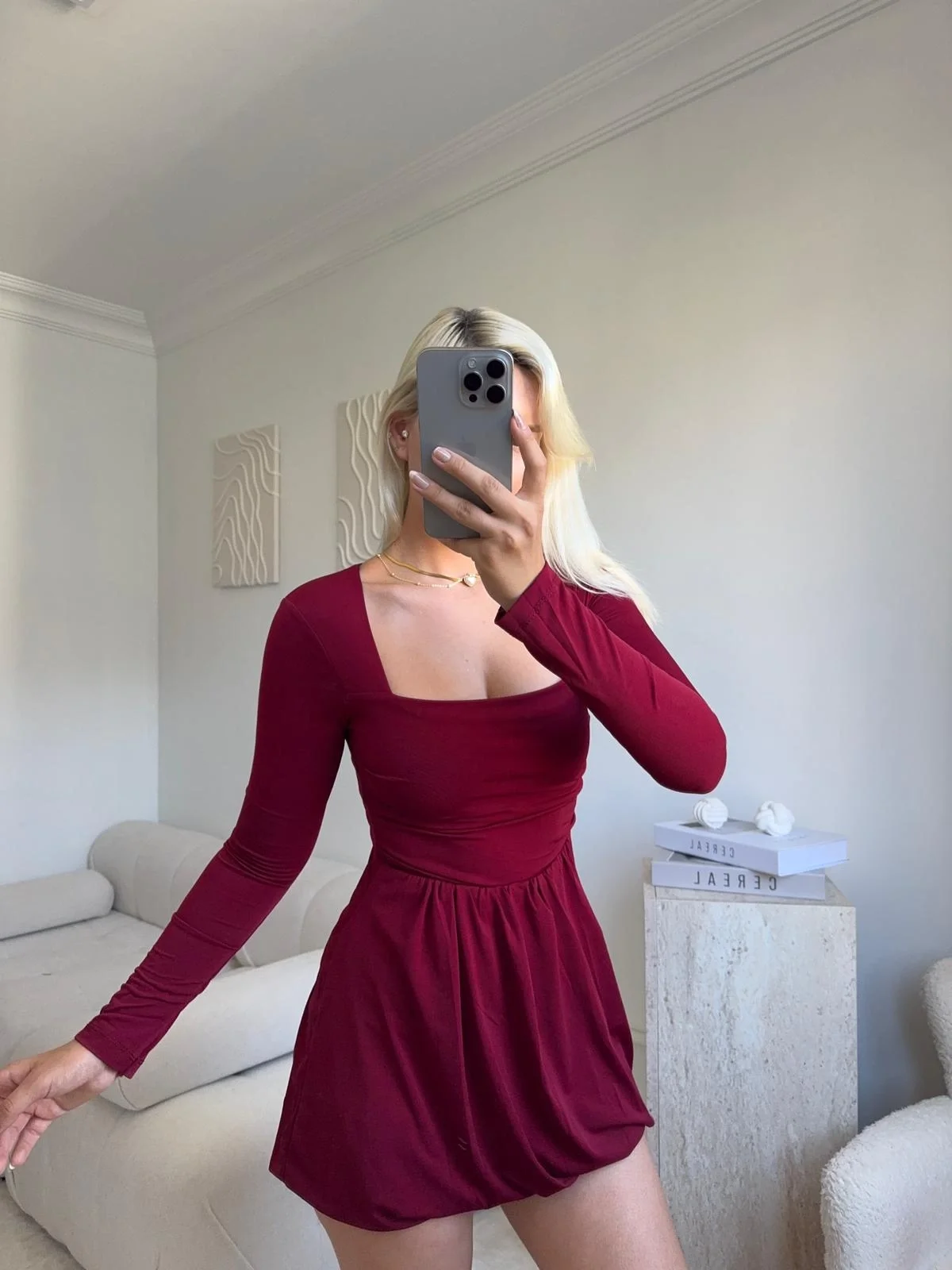 Kare Yaka Balon Etek Elbise - BORDO