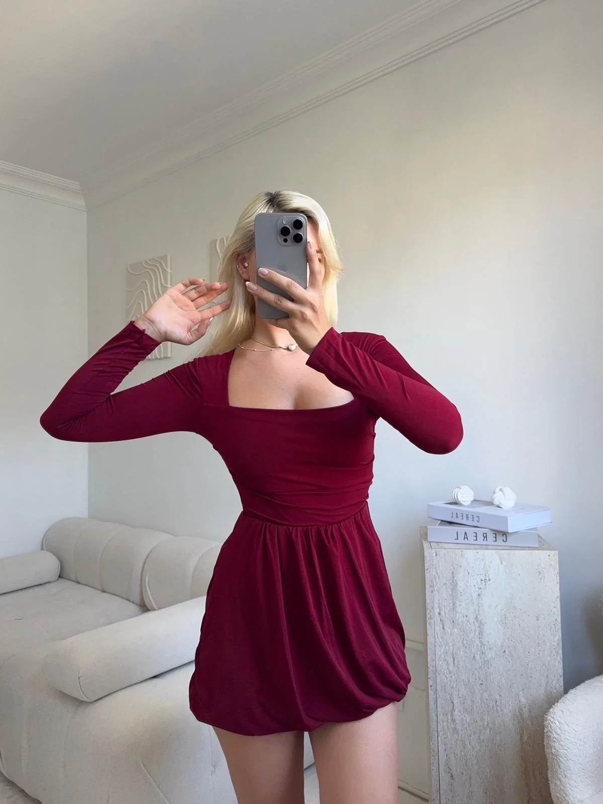 Kare Yaka Balon Etek Elbise - BORDO