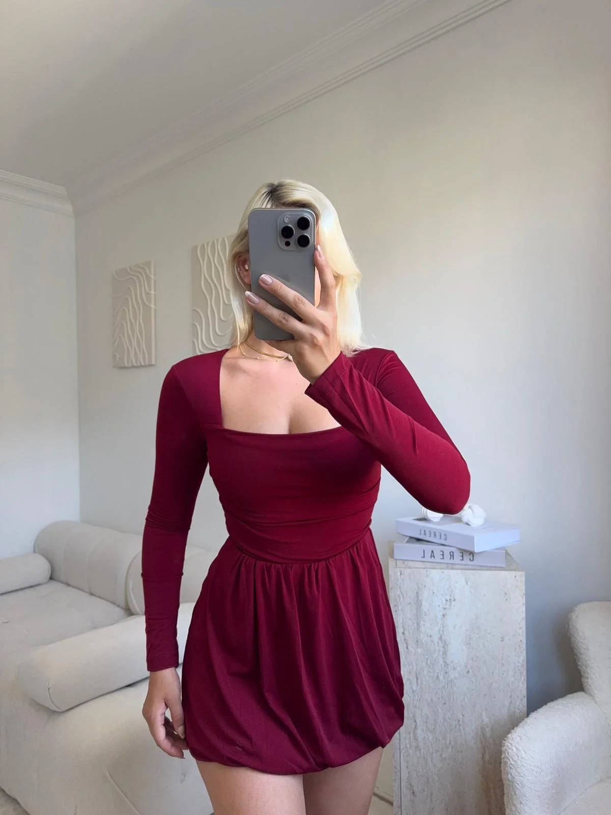 Kare Yaka Balon Etek Elbise - BORDO