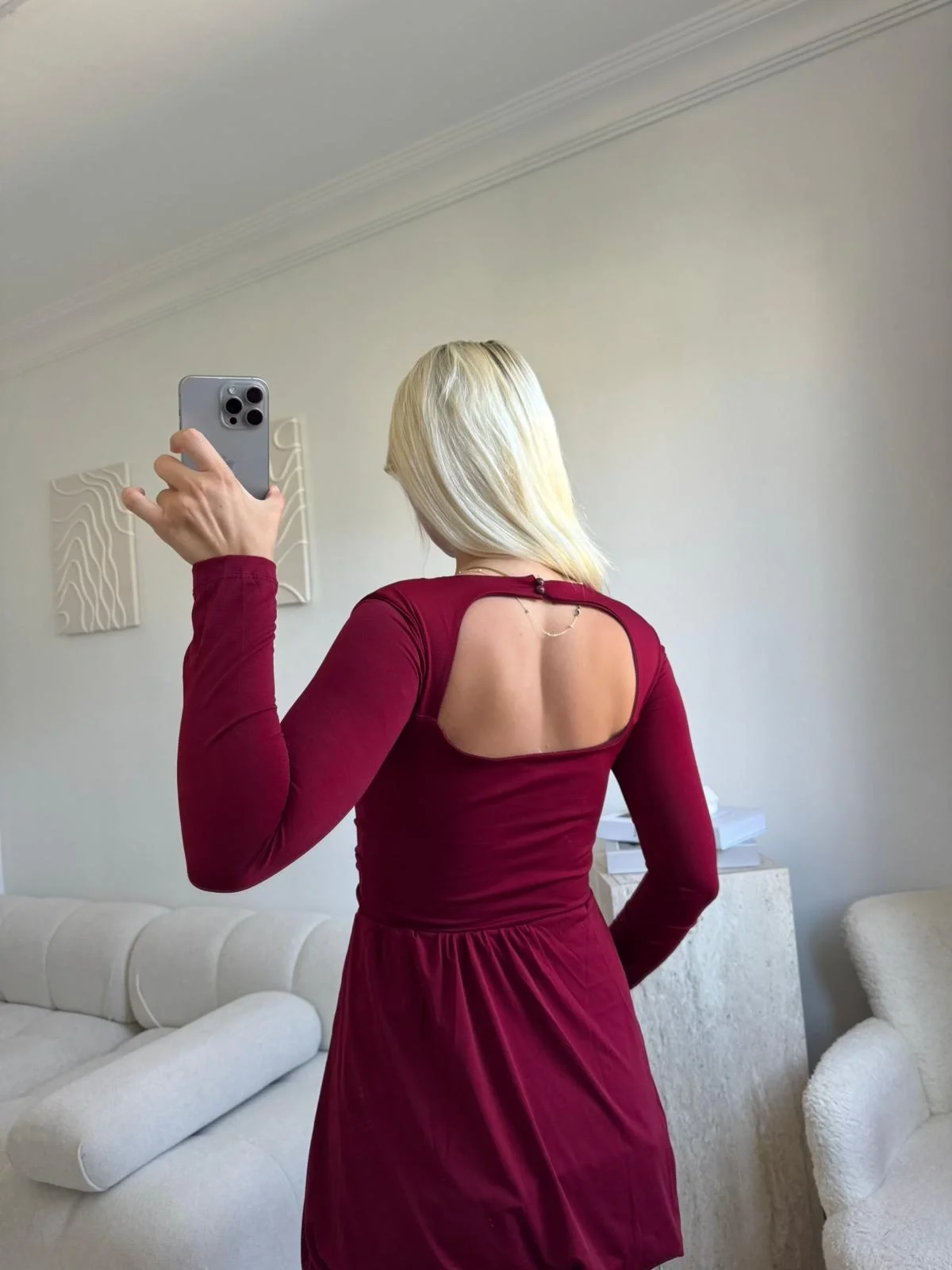 Kare Yaka Balon Etek Elbise - BORDO