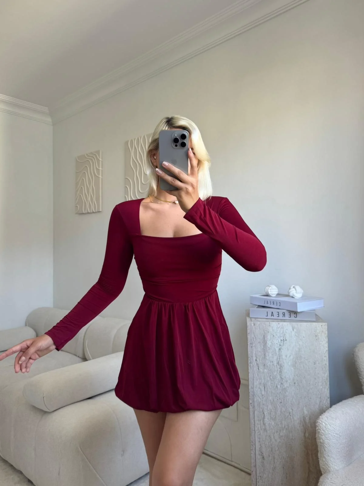 Kare Yaka Balon Etek Elbise - BORDO