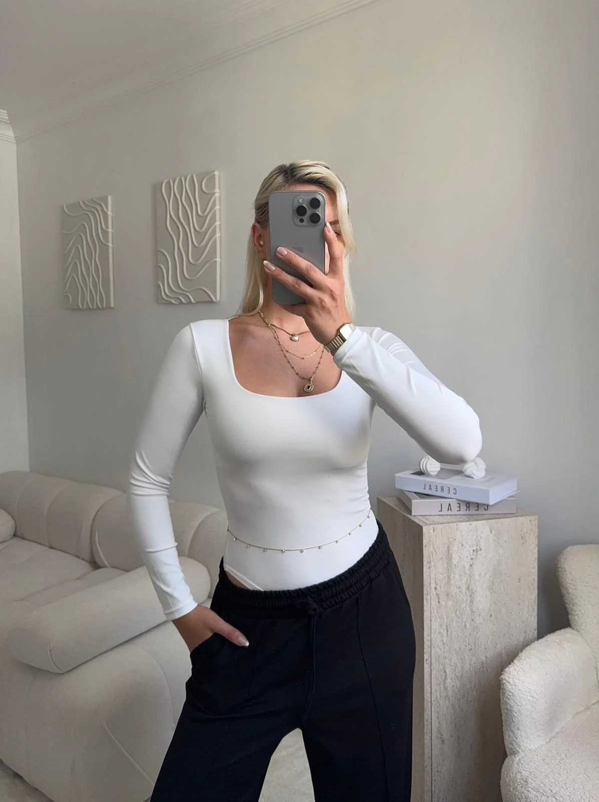 Kare Yaka Bodysuit - BEYAZ