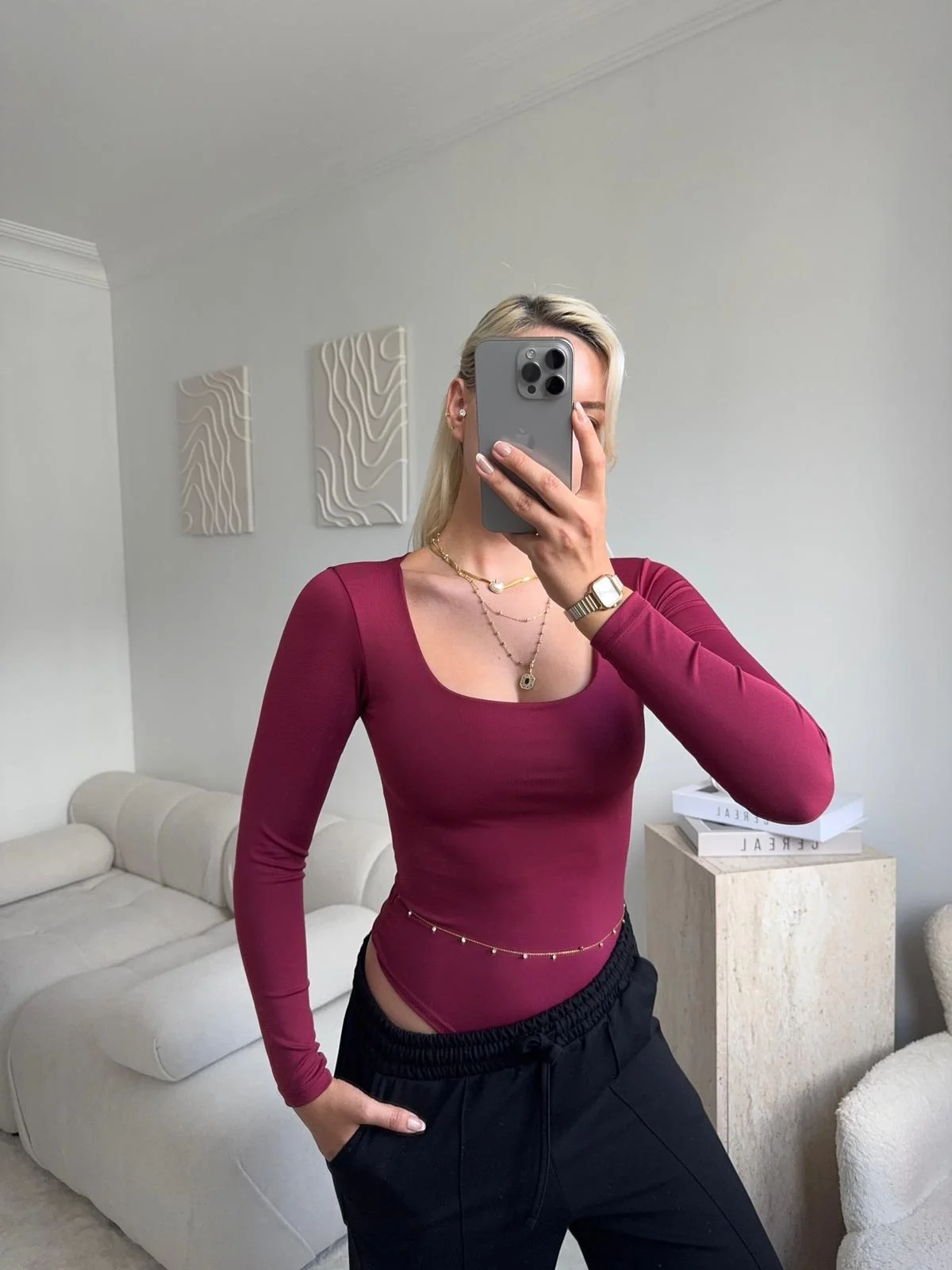 Kare Yaka Bodysuit - BORDO