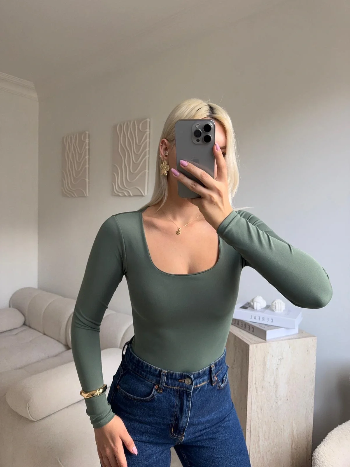 Kare Yaka Bodysuit - YEŞİL