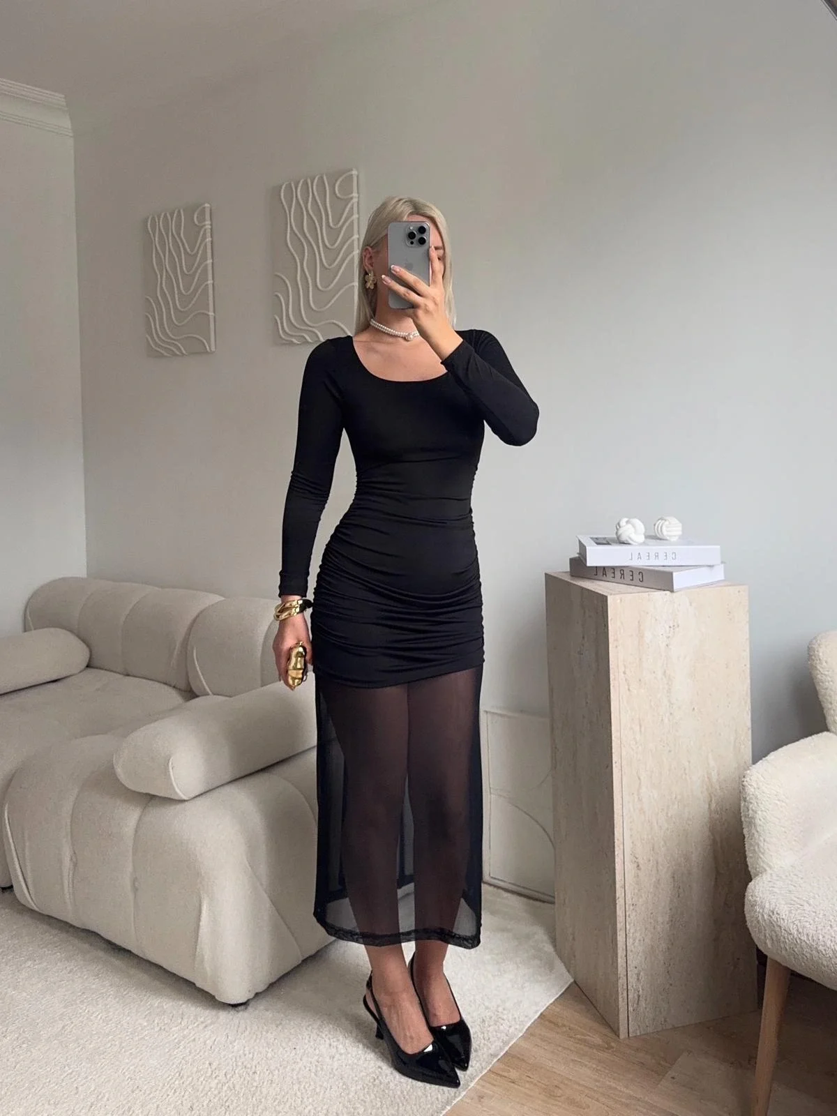 Kare Yaka Eteği Tül Elbise