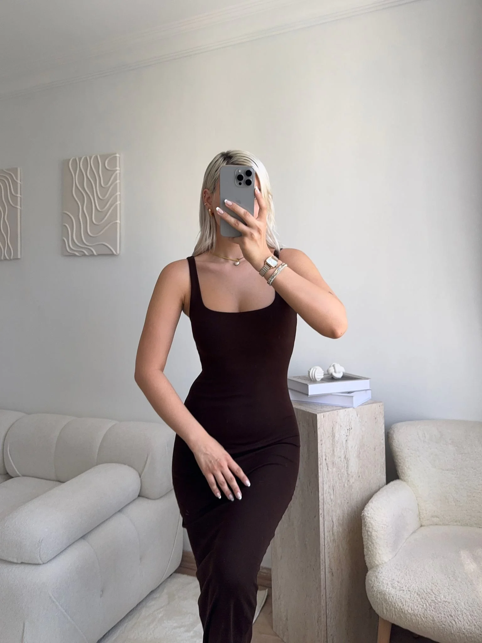 Kare Yaka Long Elbise - Kahve