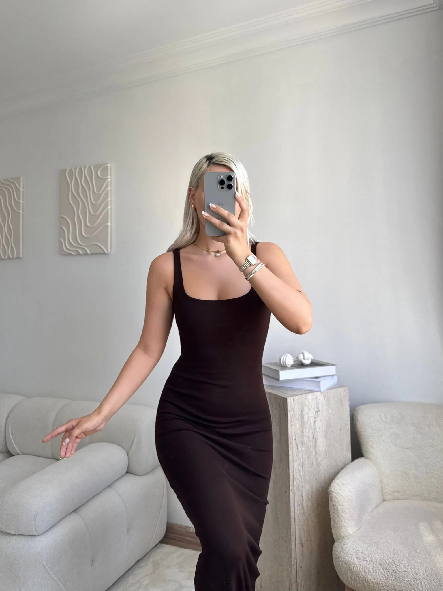 Kare Yaka Long Elbise - Kahve