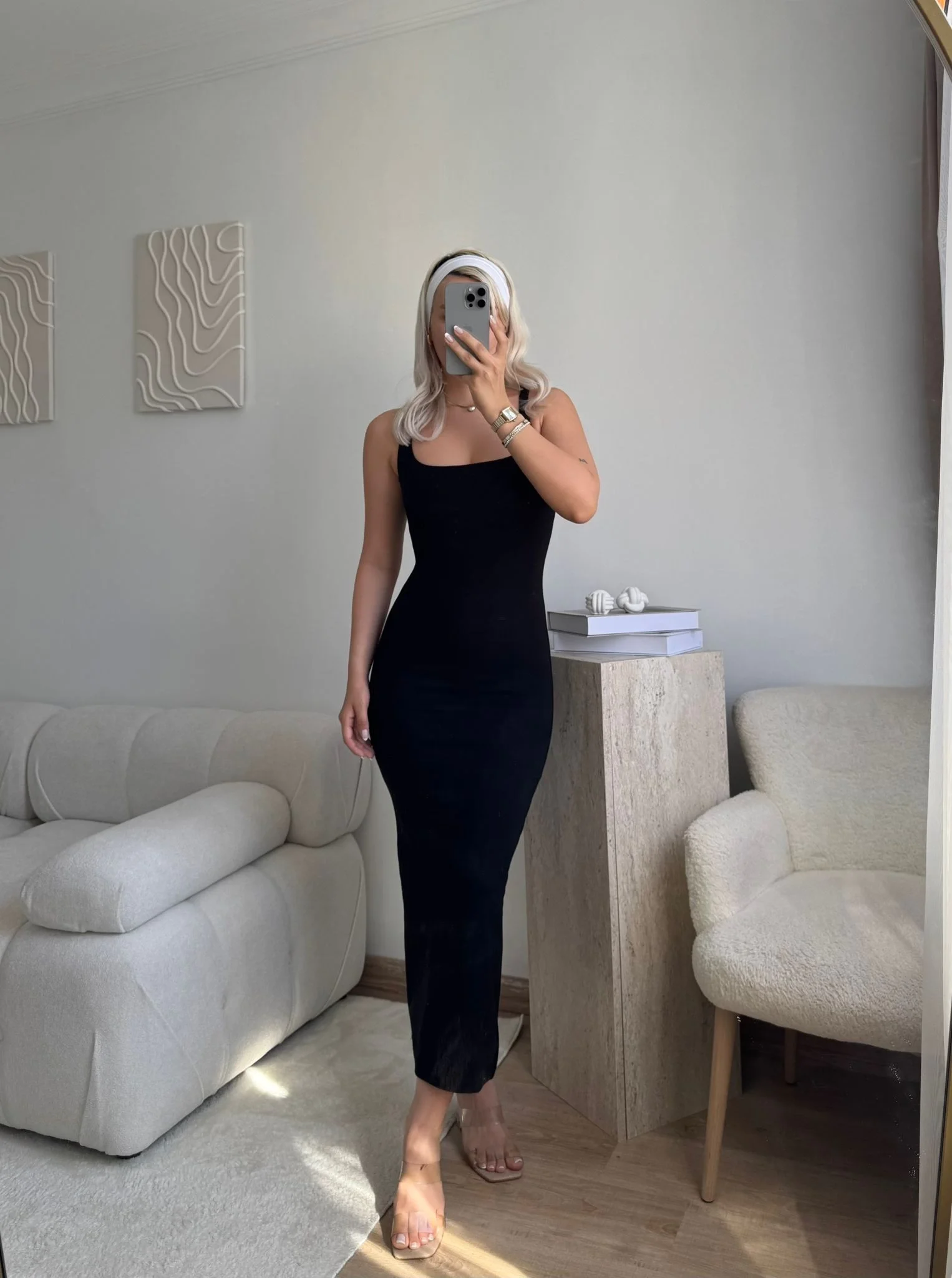 Kare Yaka Long Elbise - SİYAH