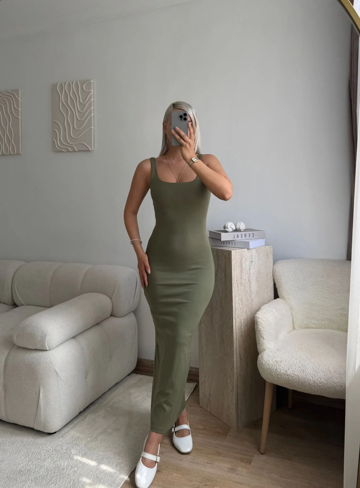 Kare Yaka Long Elbise - YEŞİL