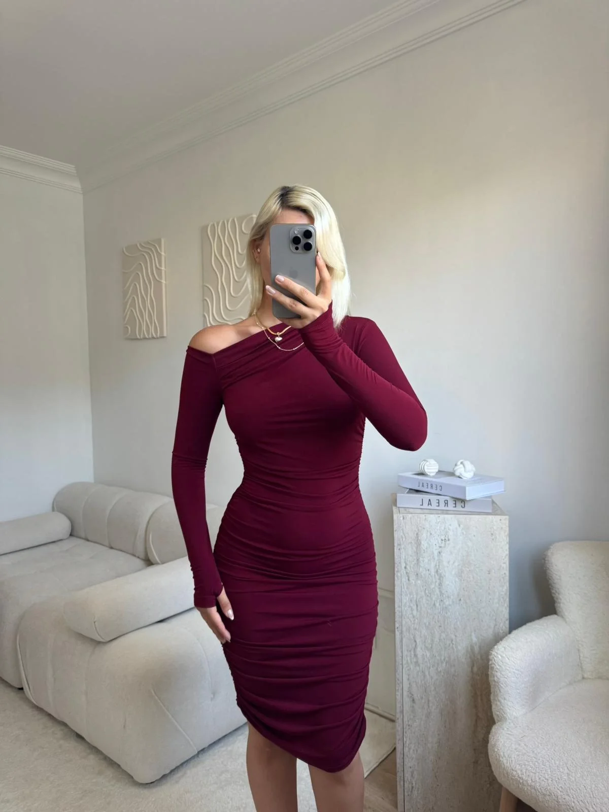 Kayık Yaka Parmak Geçmeli Elbise - BORDO