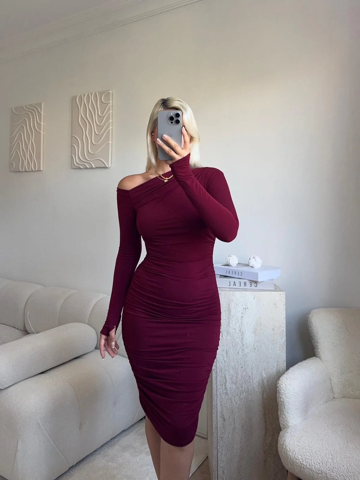 Kayık Yaka Parmak Geçmeli Elbise - BORDO