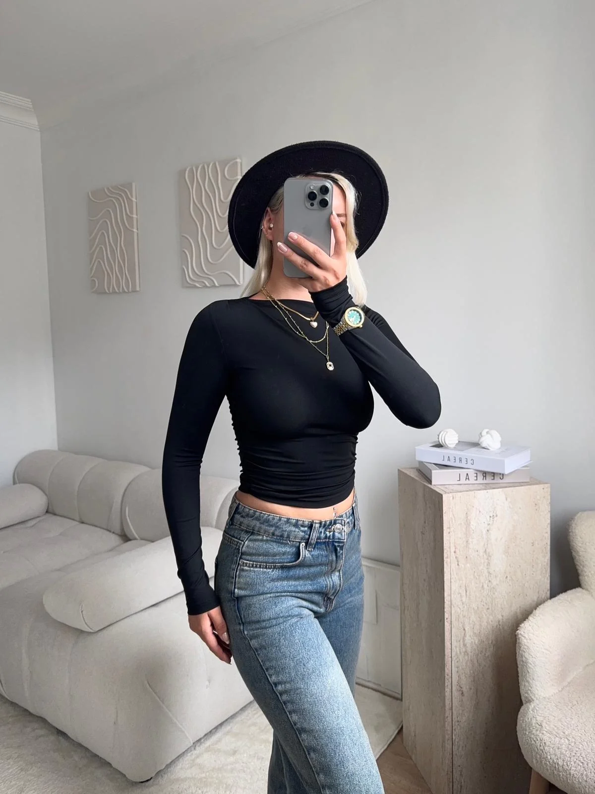 Kayık Yaka Crop - SİYAH