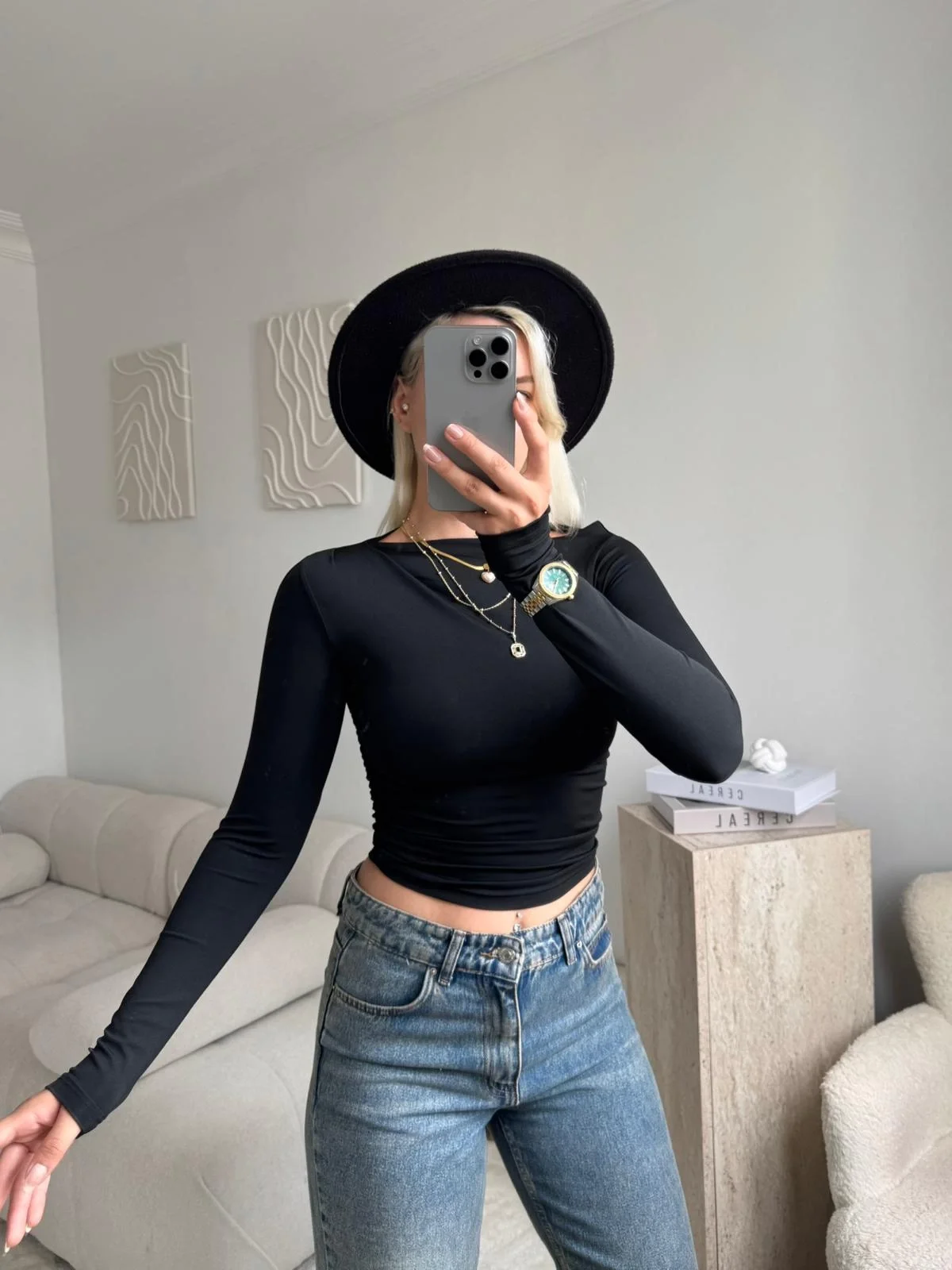 Kayık Yaka Crop - SİYAH