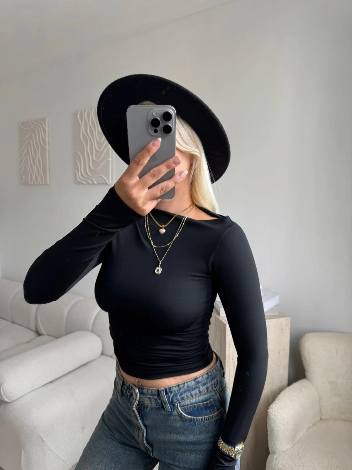 Kayık Yaka Crop - SİYAH